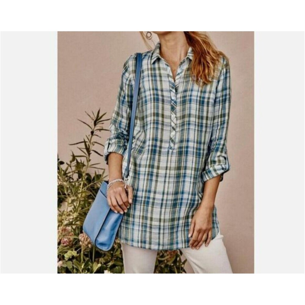 J. Jill Love Linen Tab Sleeve Plaid Tunic Top Lounge Pockets Small Beachy